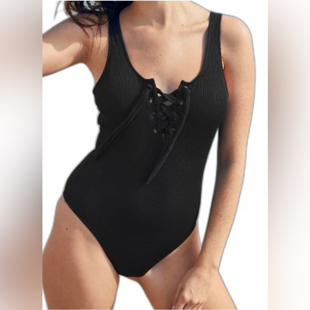 Aerie Black Lace-Up One-Piece